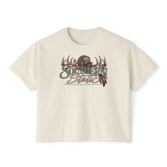 Southern Static Boxy Tee — Outdoorsy Women's Graphic T-Shirt (Antlers & Cap Design)