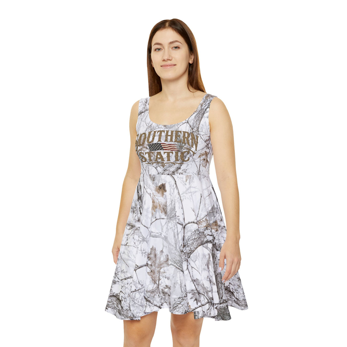 Southern Static camo print Skater Dress | white winter tree pattern