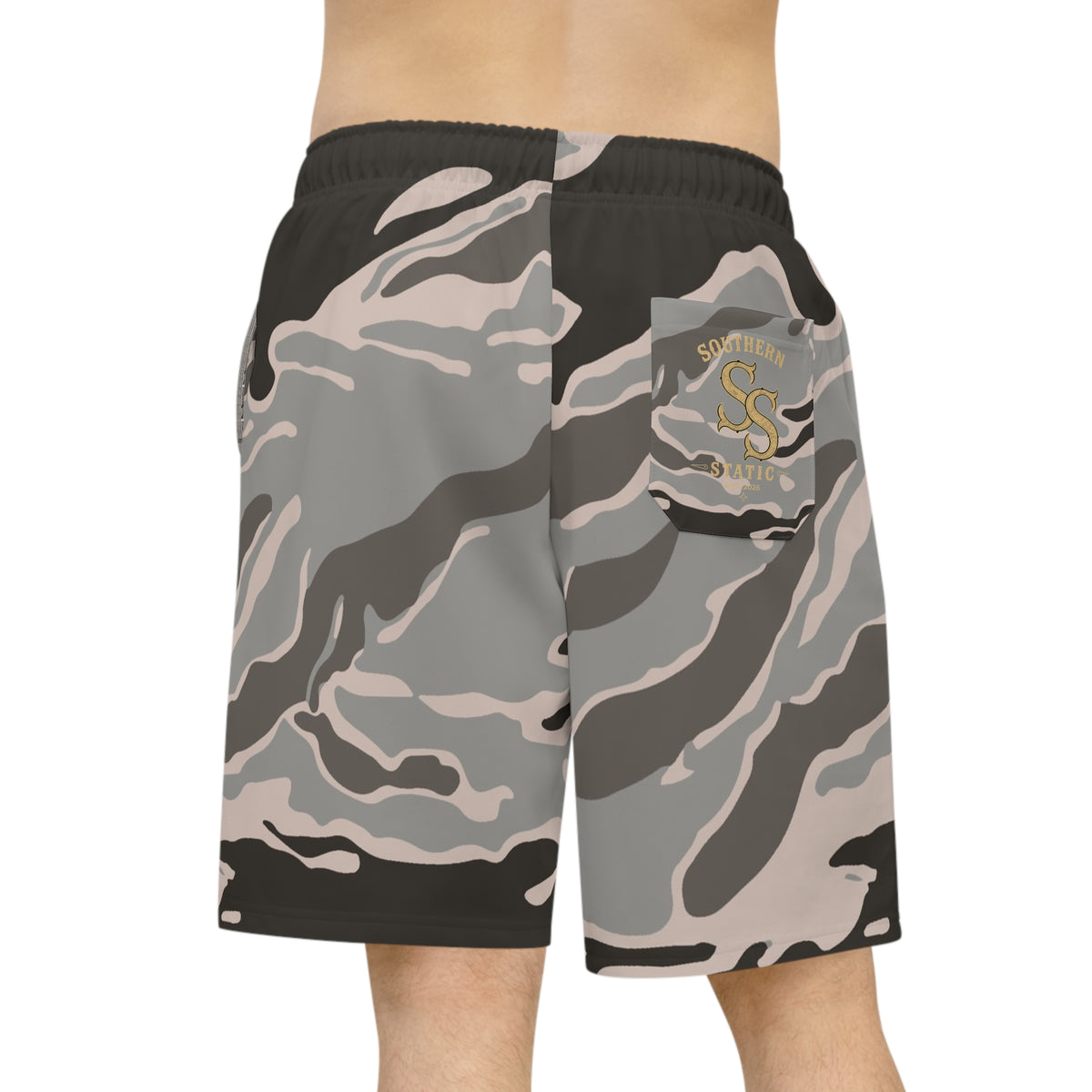 Camo Performance Athletic Shorts — Neutral Tigerstripe All-Over Print