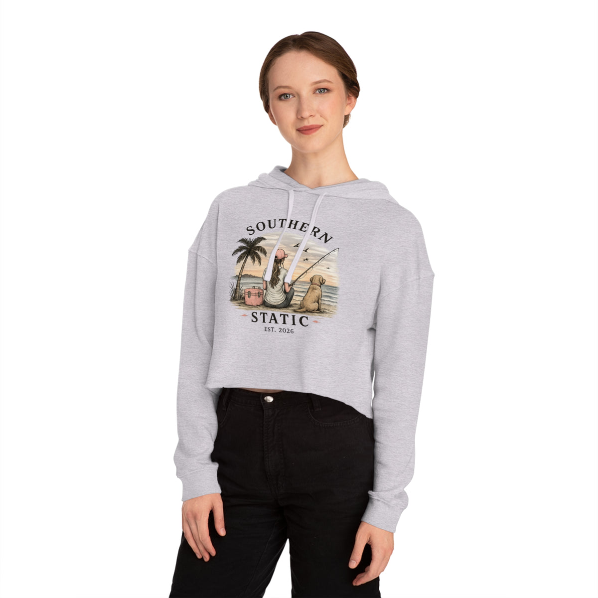 Southern Static Cropped Hoodie – Coastal Sunset Graphic
