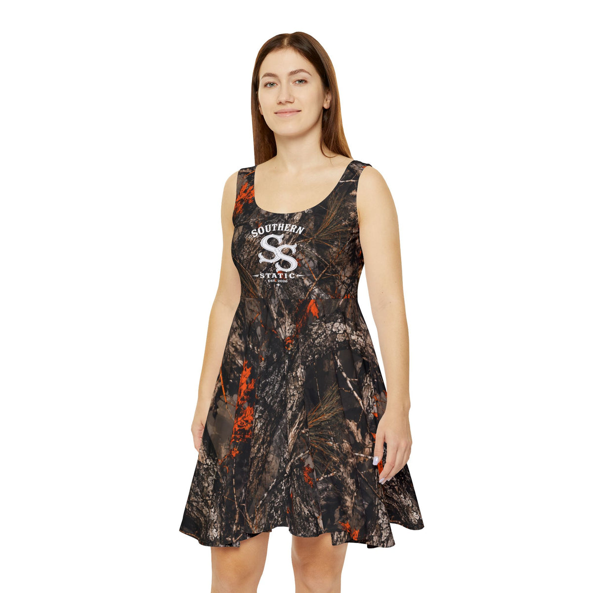 Southern Static camo print Skater Dress | white winter tree pattern