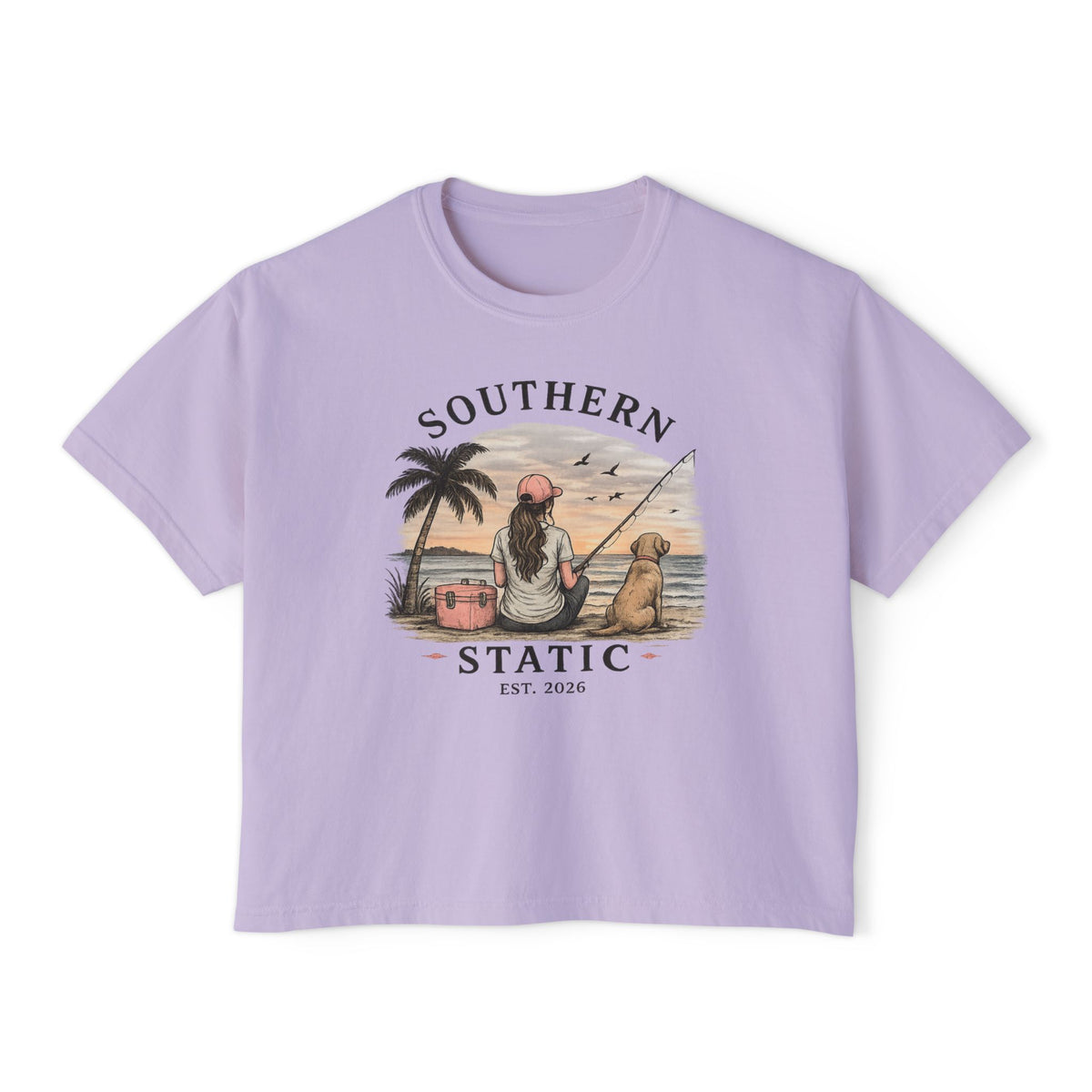Southern Static Fishing Boxy Tee — Women's Beach Sunset Graphic T-Shirt