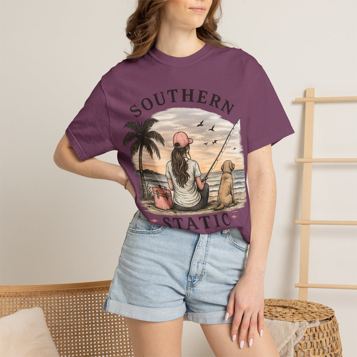 Southern Static Fishing T-Shirt — Woman & Dog Beach Sunset Tee