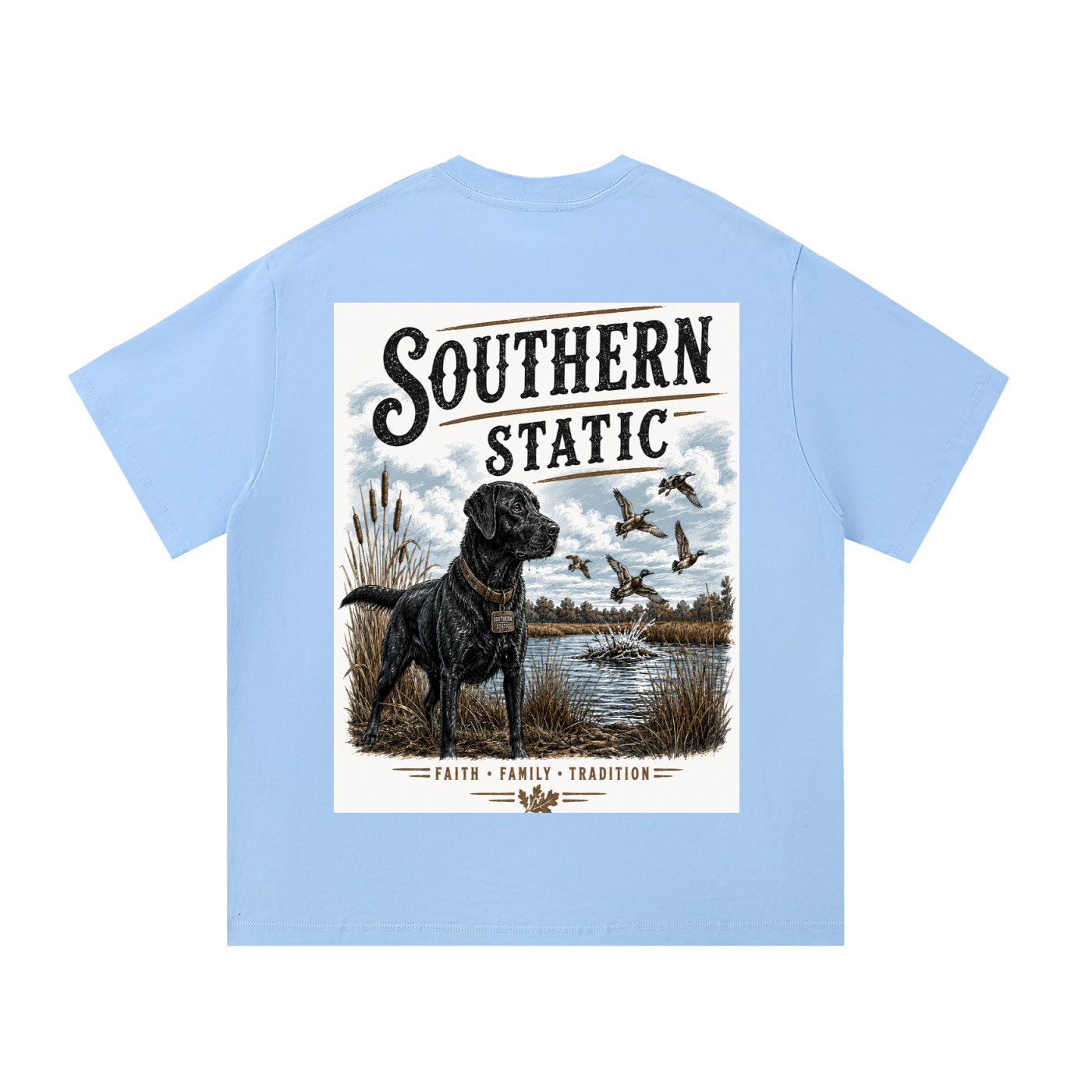 Southern Static – Faith • Family • Tradition | Black Lab Duck Hunting Graphic Tee