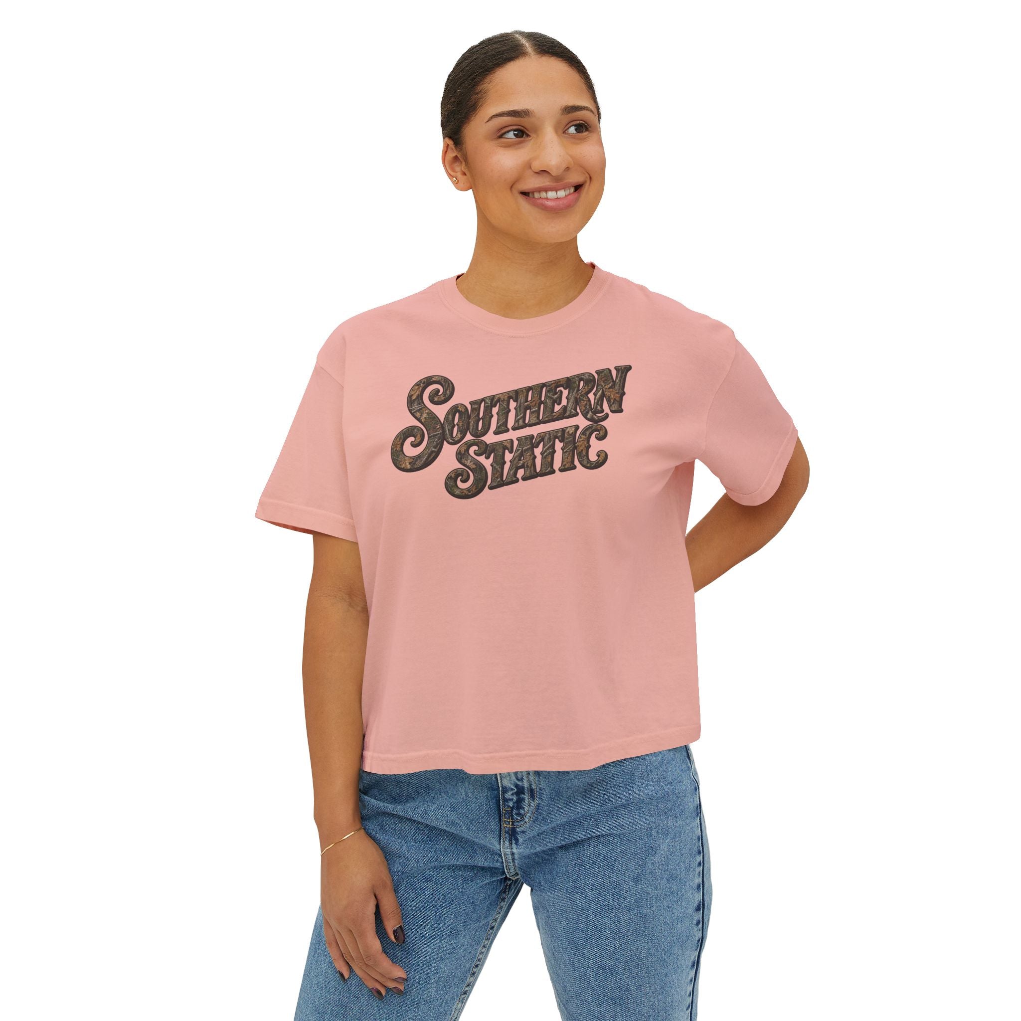 Southern Static Women's Boxy Tee – Retro Camo Script Logo