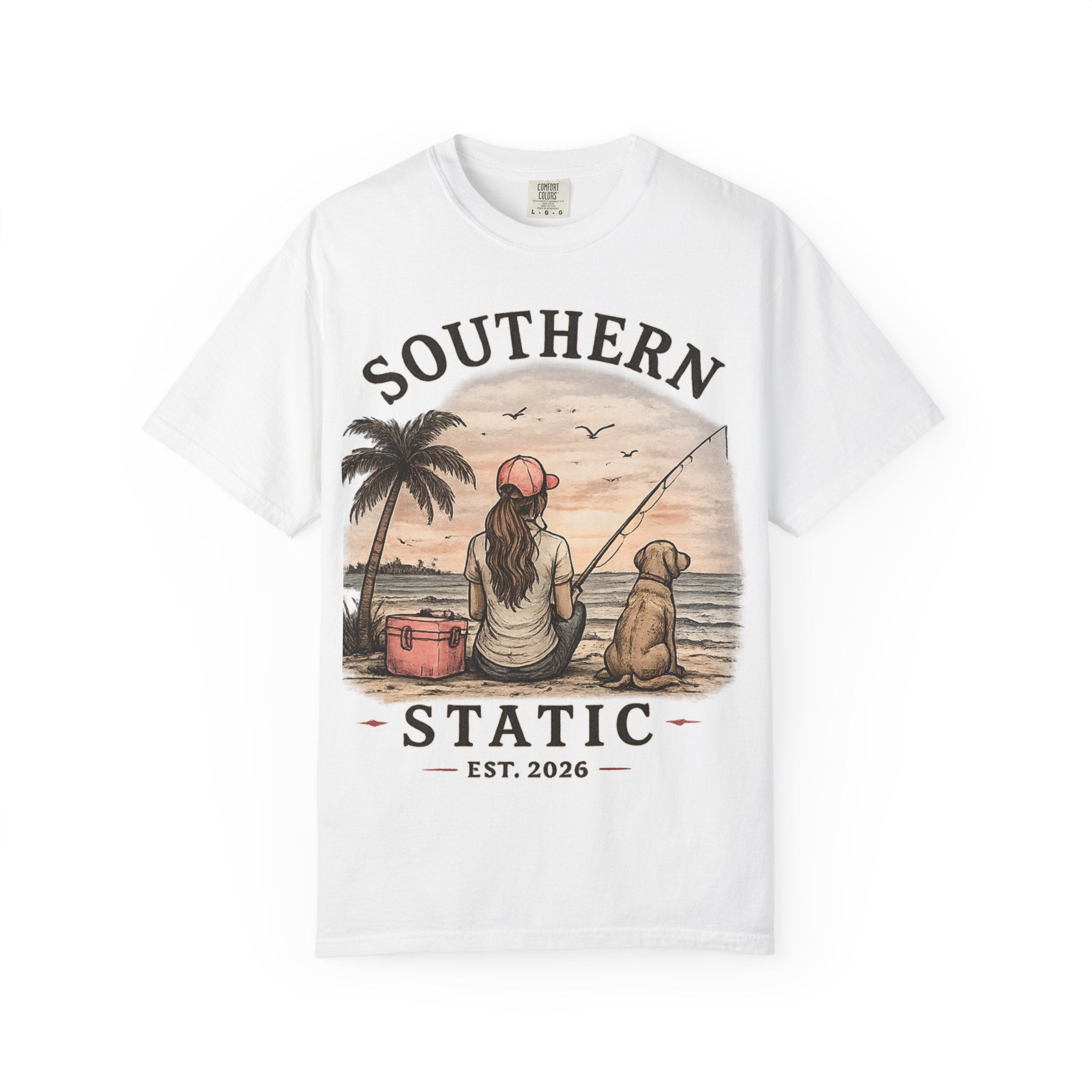 Southern Static Fishing T-Shirt — Woman & Dog Beach Sunset Tee