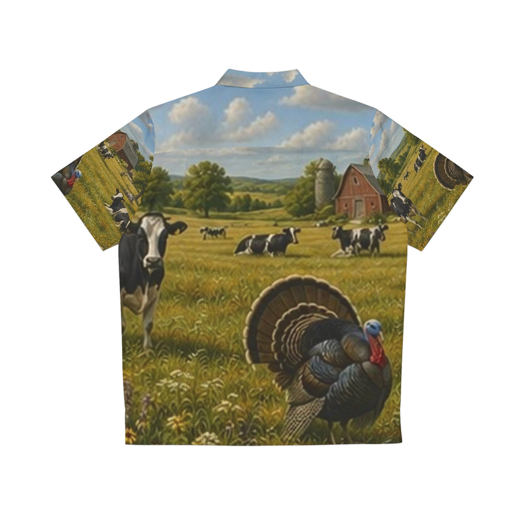 Men's Hawaiian Shirt - Rustic Farmfield Pattern with Cows & Barrel Scene