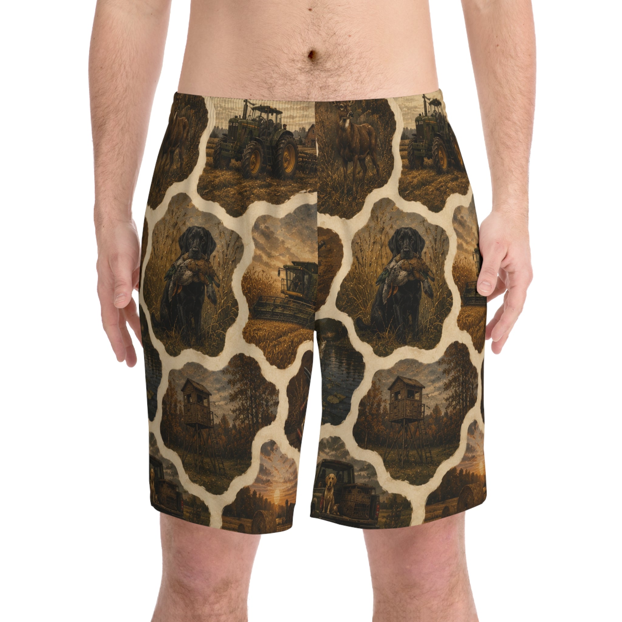 Vintage Pattern Beach Shorts — Retro Creepy Cabin & Scarecrow AOP