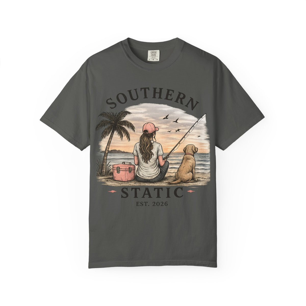 Southern Static Fishing T-Shirt — Woman & Dog Beach Sunset Tee