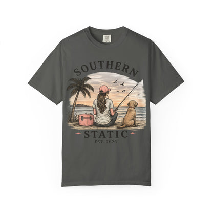 Southern Static Fishing T-Shirt — Woman & Dog Beach Sunset Tee