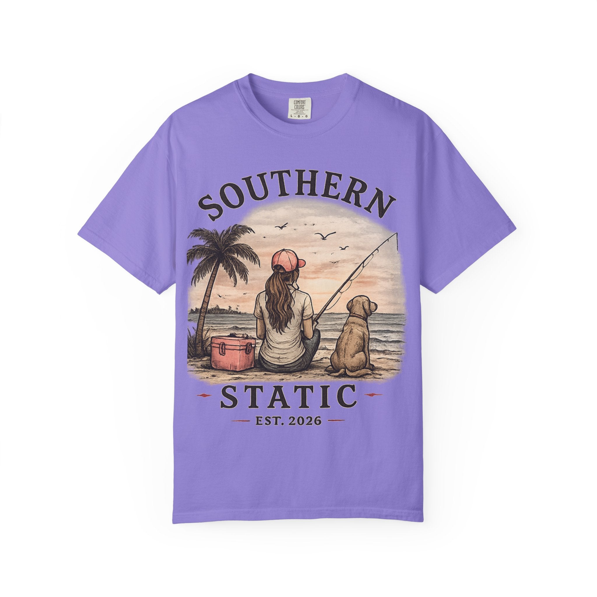 Southern Static Fishing T-Shirt — Woman & Dog Beach Sunset Tee