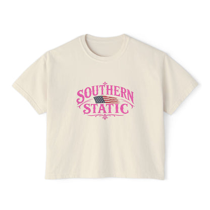 Southern Static Women's Boxy Tee — Pink Vintage Flag Graphic