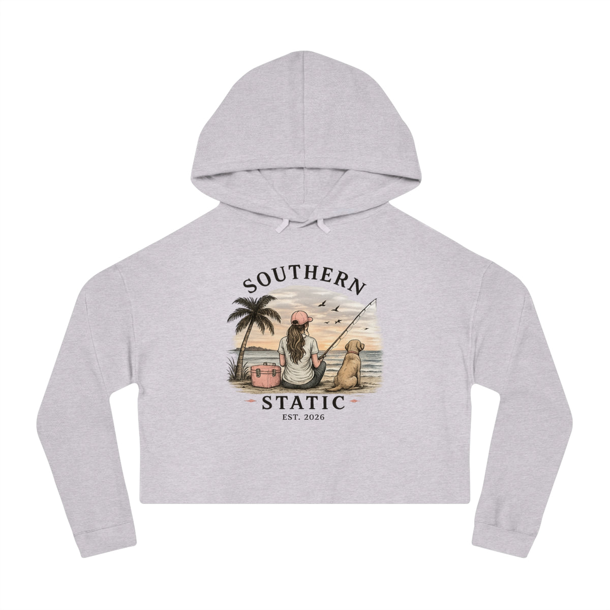 Southern Static Cropped Hoodie – Coastal Sunset Graphic