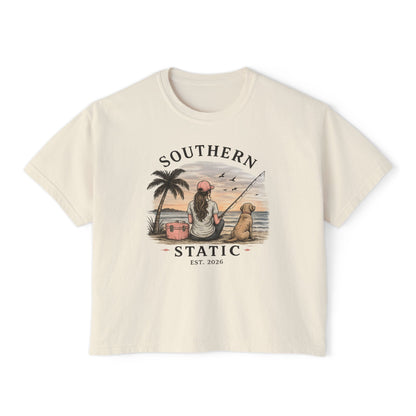 Southern Static Fishing Boxy Tee — Women's Beach Sunset Graphic T-Shirt