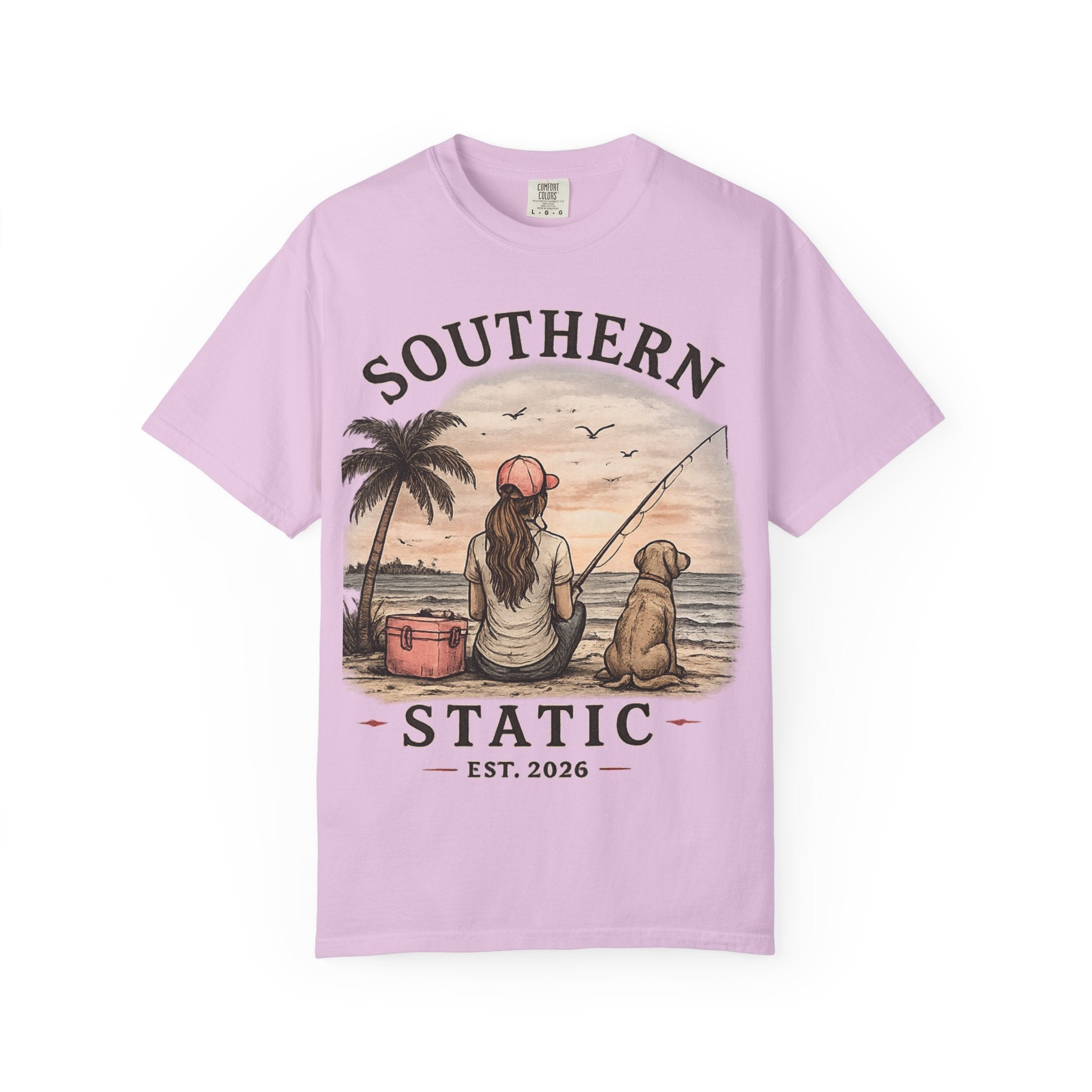 Southern Static Fishing T-Shirt — Woman & Dog Beach Sunset Tee