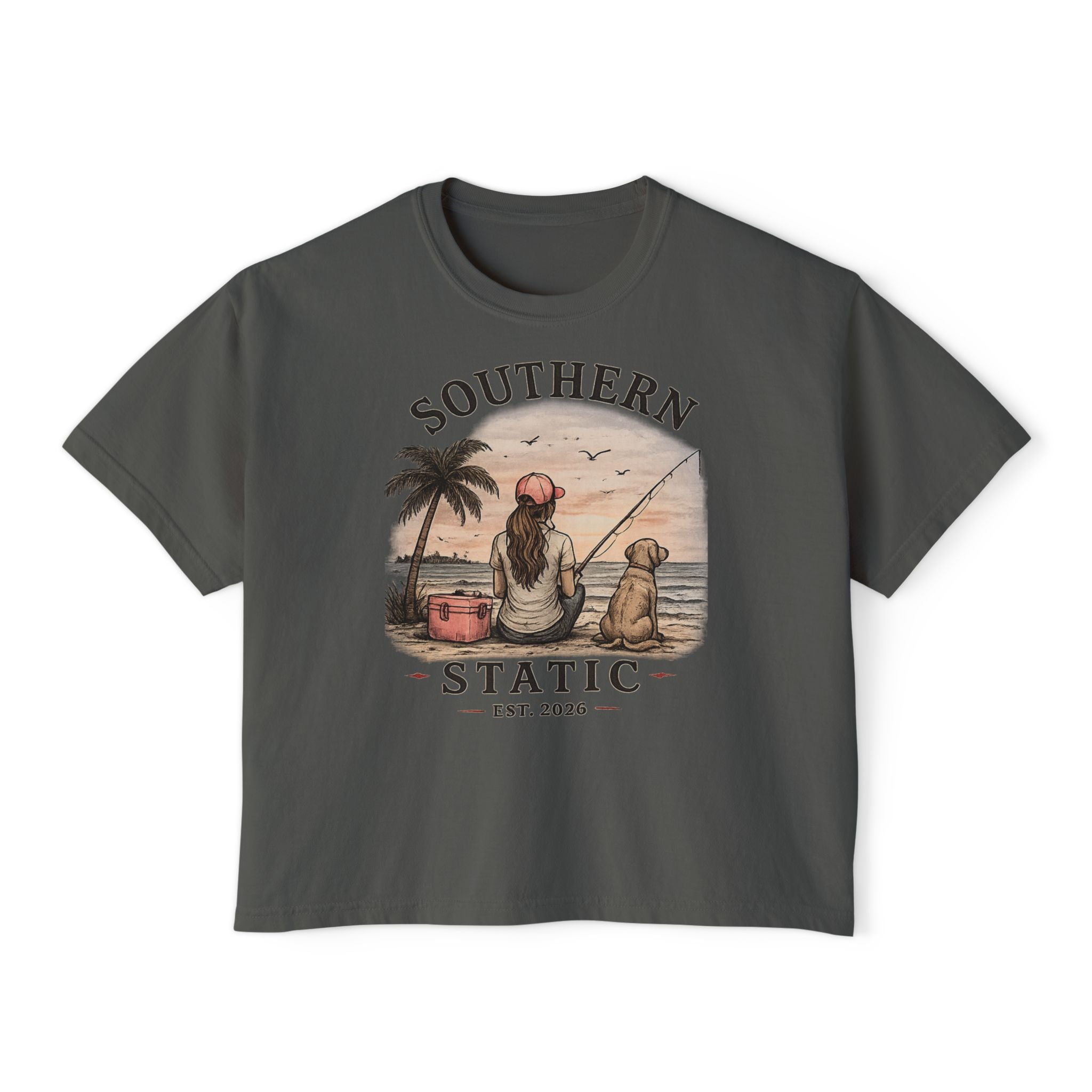 Southern Static Fishing Boxy Tee — Women's Beach Sunset Graphic T-Shirt