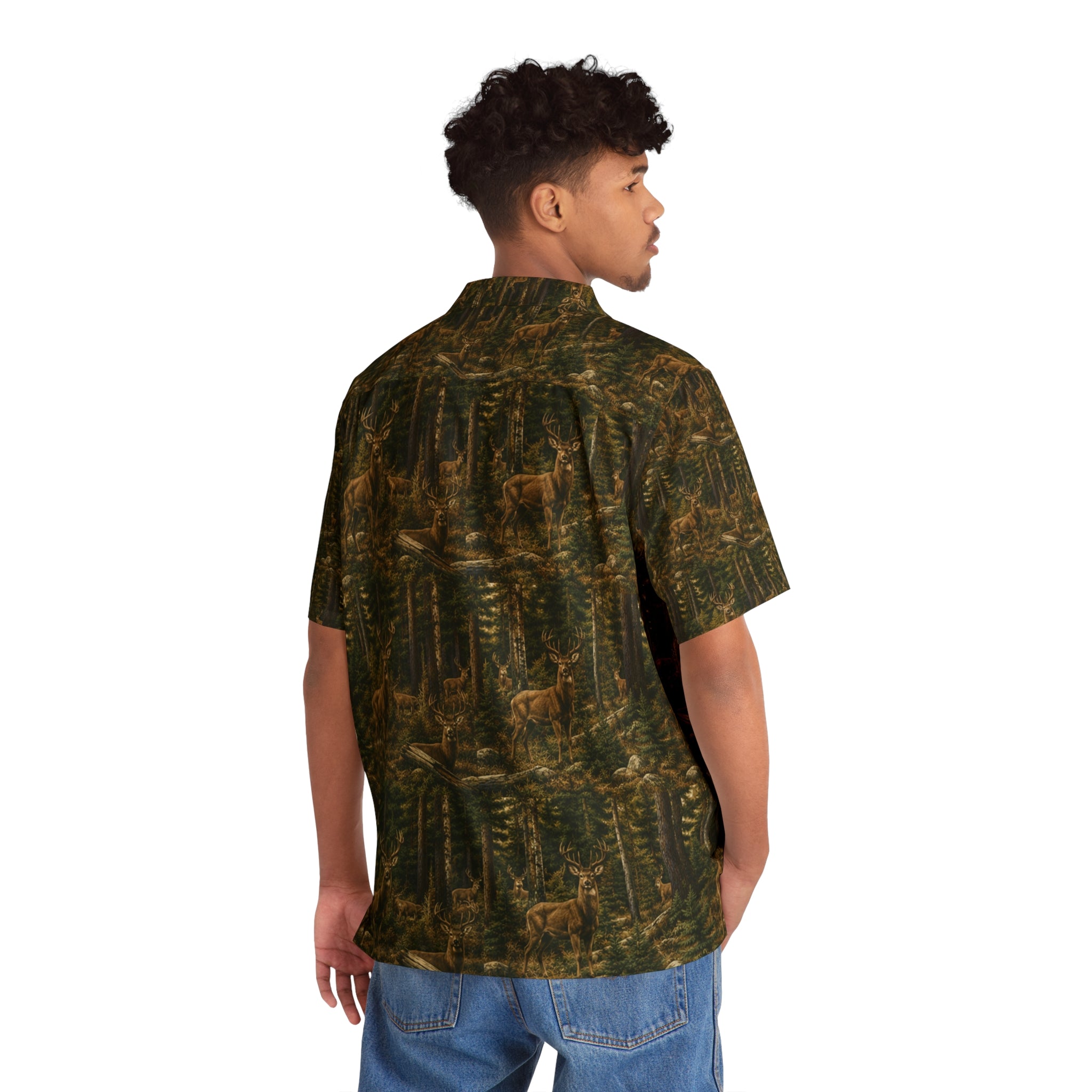 Men's Camo Hunting Hawaiian Shirt — Southern Static All-Over Elk Forest Print