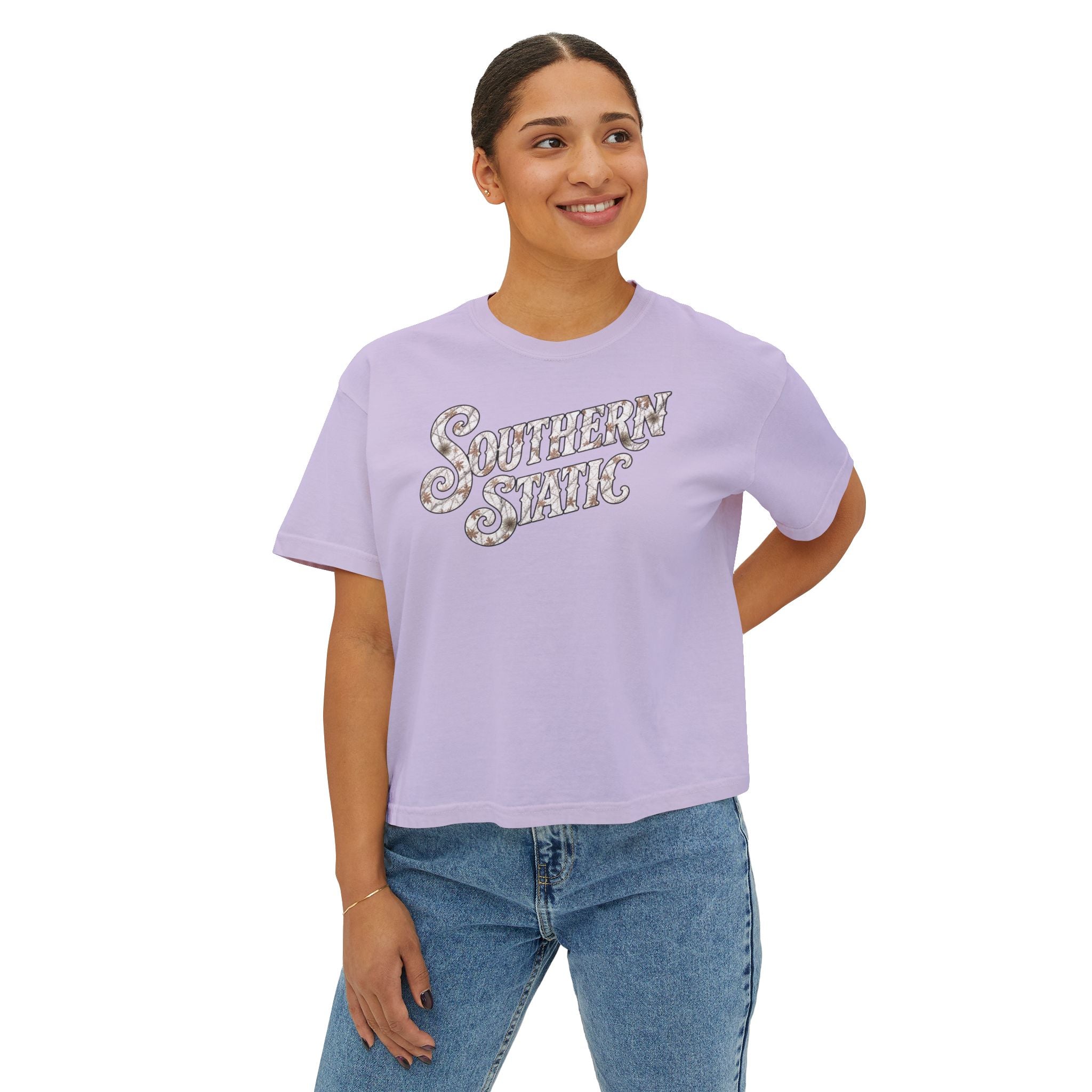 Southern Static Women's Boxy Tee — Retro Script Graphic Crop T-Shirt
