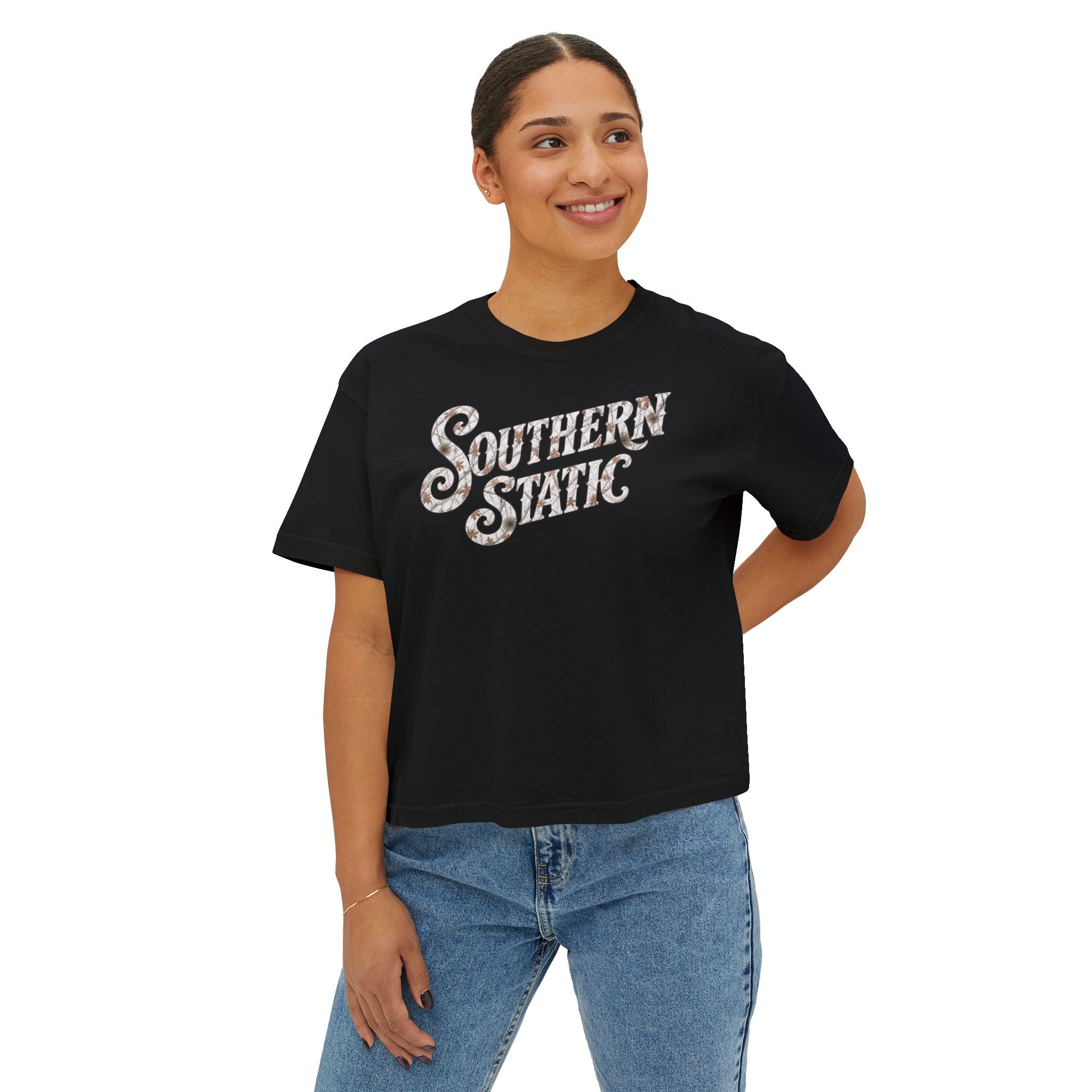 Southern Static Women's Boxy Tee — Retro Script Graphic Crop T-Shirt