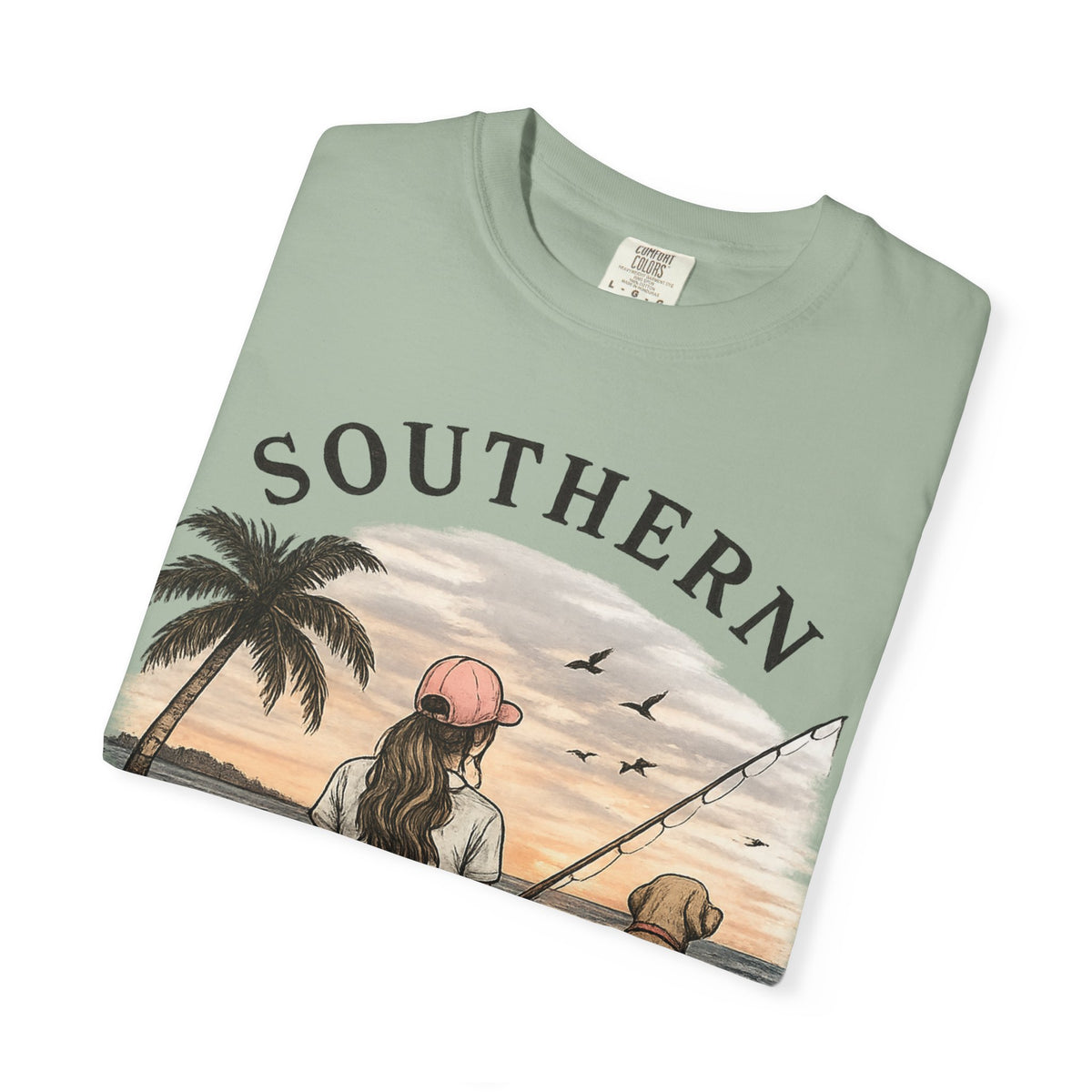 Southern Static Fishing T-Shirt — Woman & Dog Beach Sunset Tee