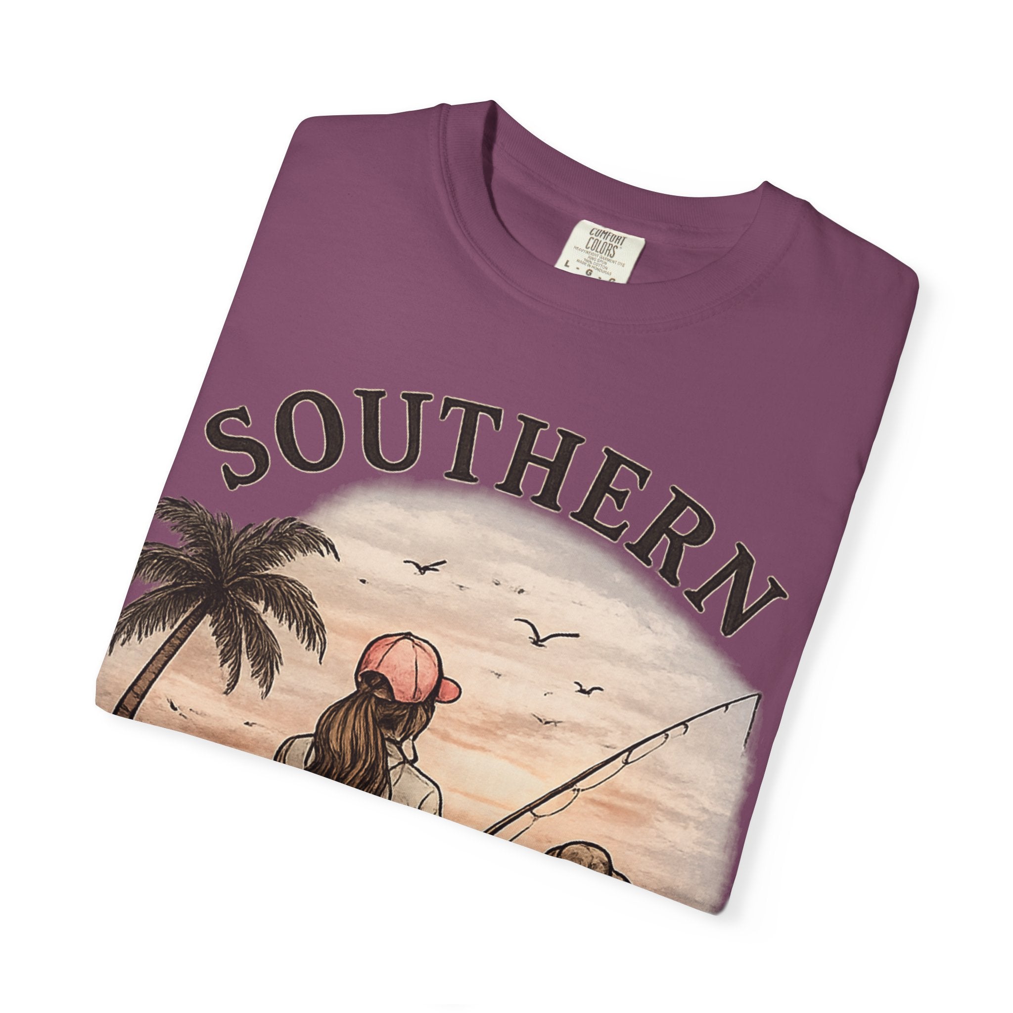 Southern Static Fishing T-Shirt — Woman & Dog Beach Sunset Tee
