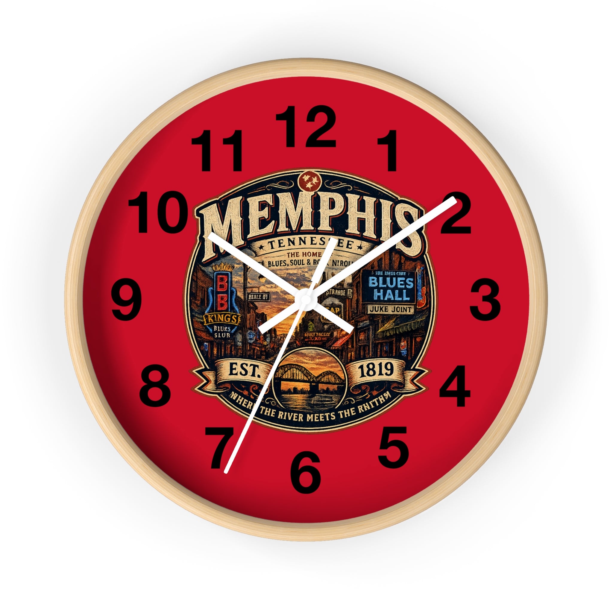 Memphis Tennessee Vintage Badge Wall Clock | Red Dial, Blues Hall Theme