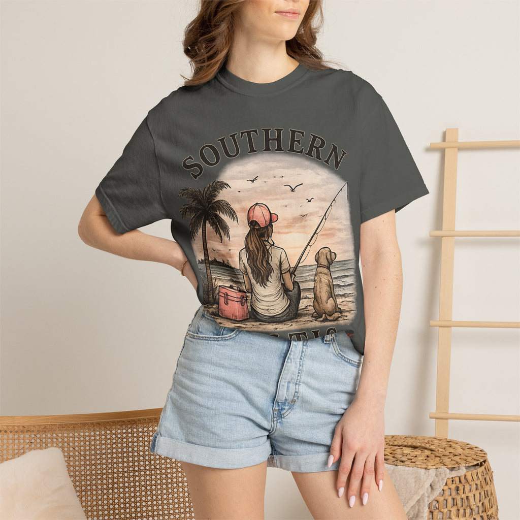 Southern Static Fishing T-Shirt — Woman & Dog Beach Sunset Tee