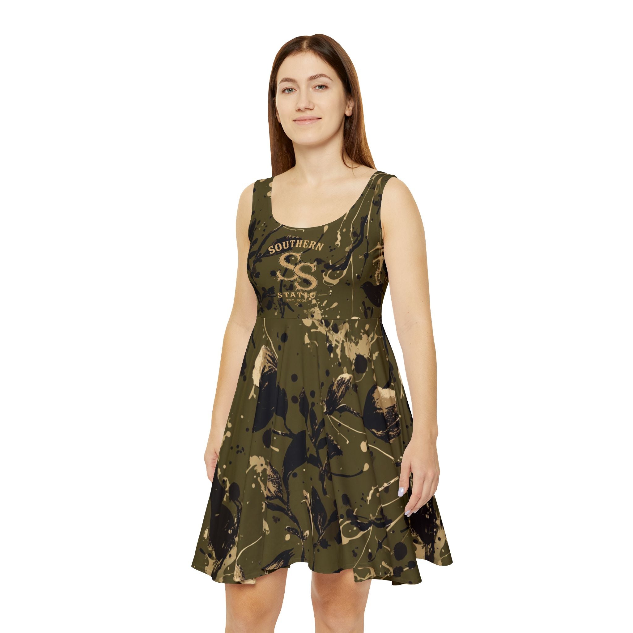 Camo Splatter Skater Dress — Olive Abstract Floral AOP