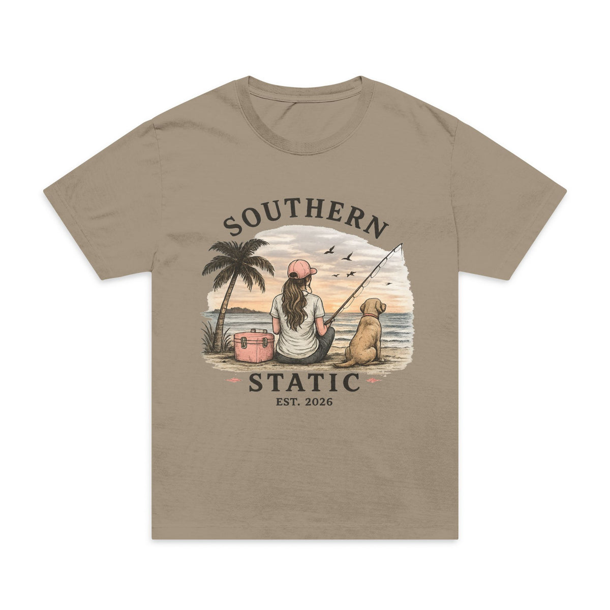 Girl’s Southern Static Fishing T-Shirt — Vintage Beach Sunset Tee (Est. 2013)