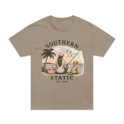 Girl’s Southern Static Fishing T-Shirt — Vintage Beach Sunset Tee (Est. 2013)
