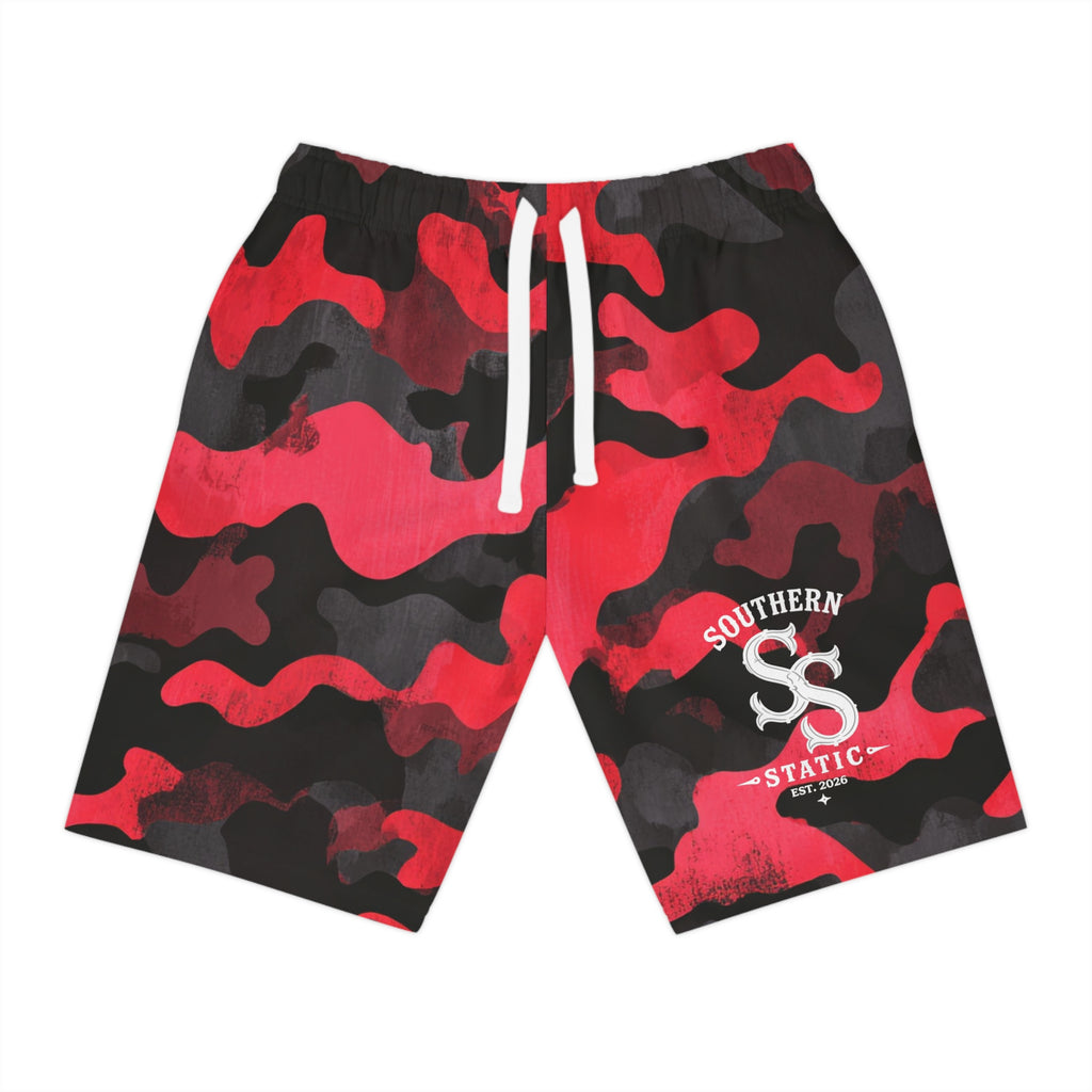 Red Camo Athletic Long Shorts — Southern Static Logo