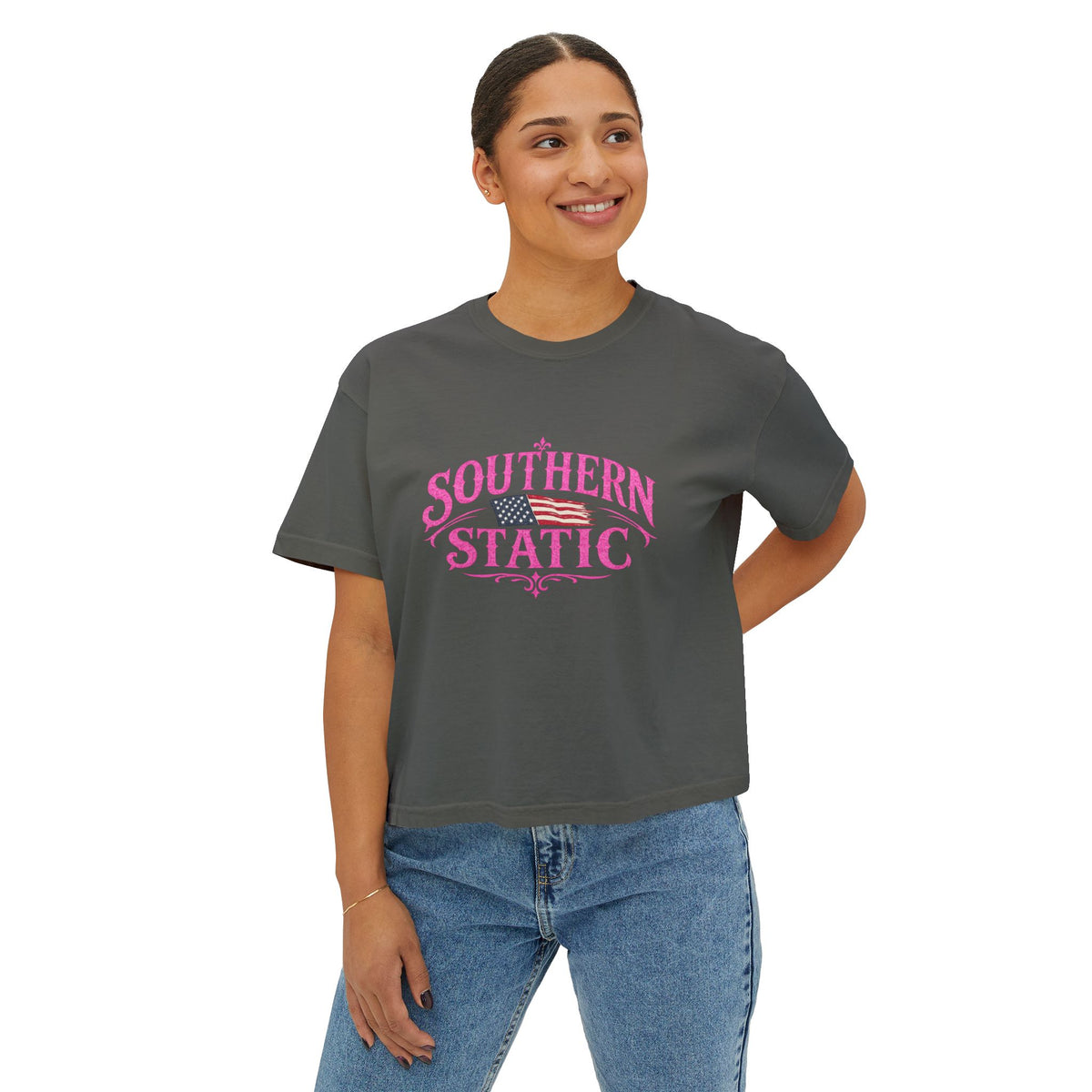 Southern Static Women's Boxy Tee — Pink Vintage Flag Graphic