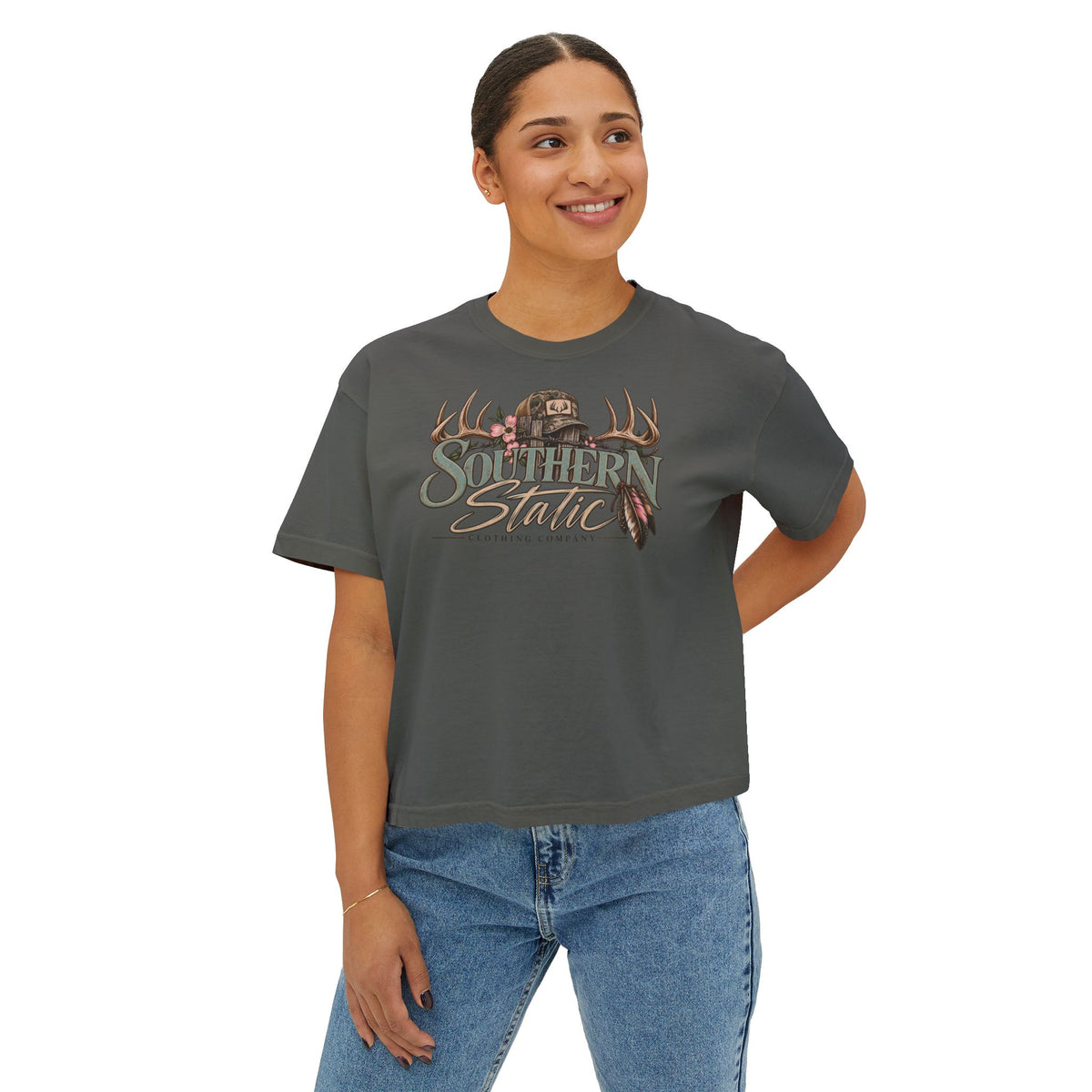 Southern Static Boxy Tee — Outdoorsy Women's Graphic T-Shirt (Antlers & Cap Design)