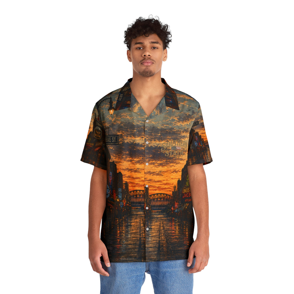 Sunset City Street Scene Hawaiian Shirt | Retro Neon Skyline AOP