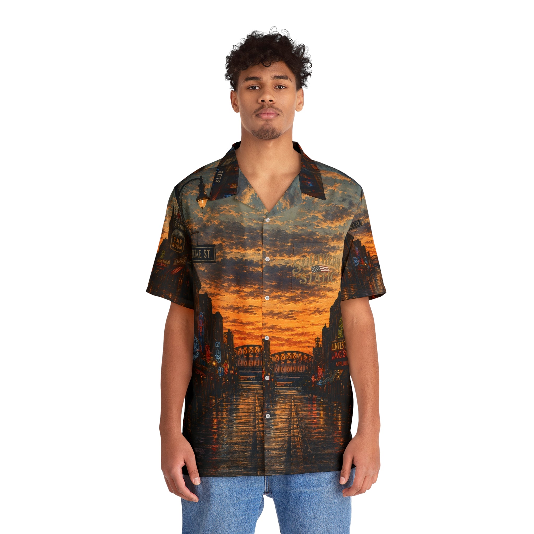 Sunset City Street Scene Hawaiian Shirt | Retro Neon Skyline AOP
