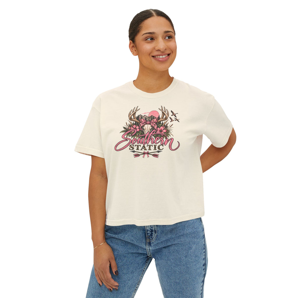 Women's Boxy Tee — Southern Static Floral Antlers Graphic