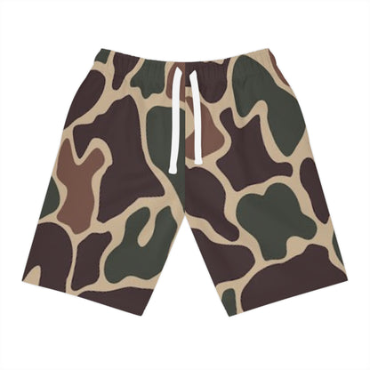Camo Athletic Long Shorts — Brown Green All-Over Print Workout Shorts