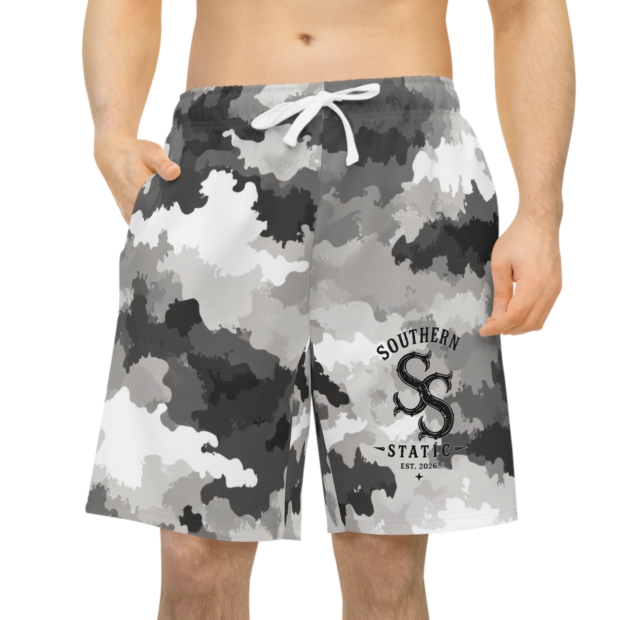 Gray Camo Athletic Long Shorts — Southern Savages Logo