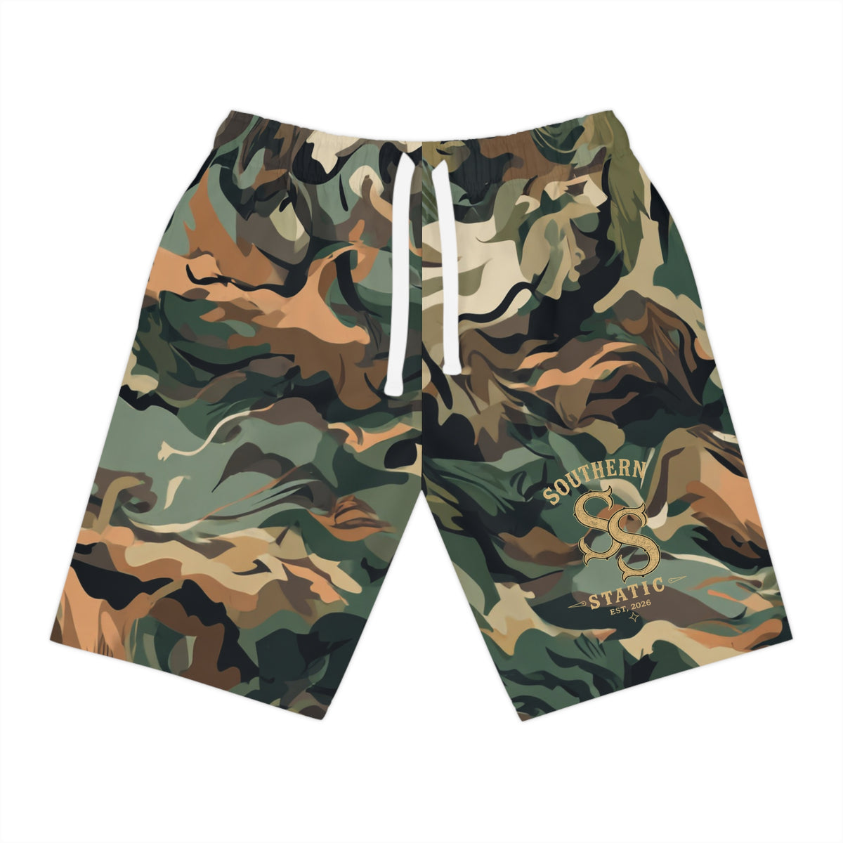 Camo Athletic Long Shorts – Southern Static Logo All-Over Print