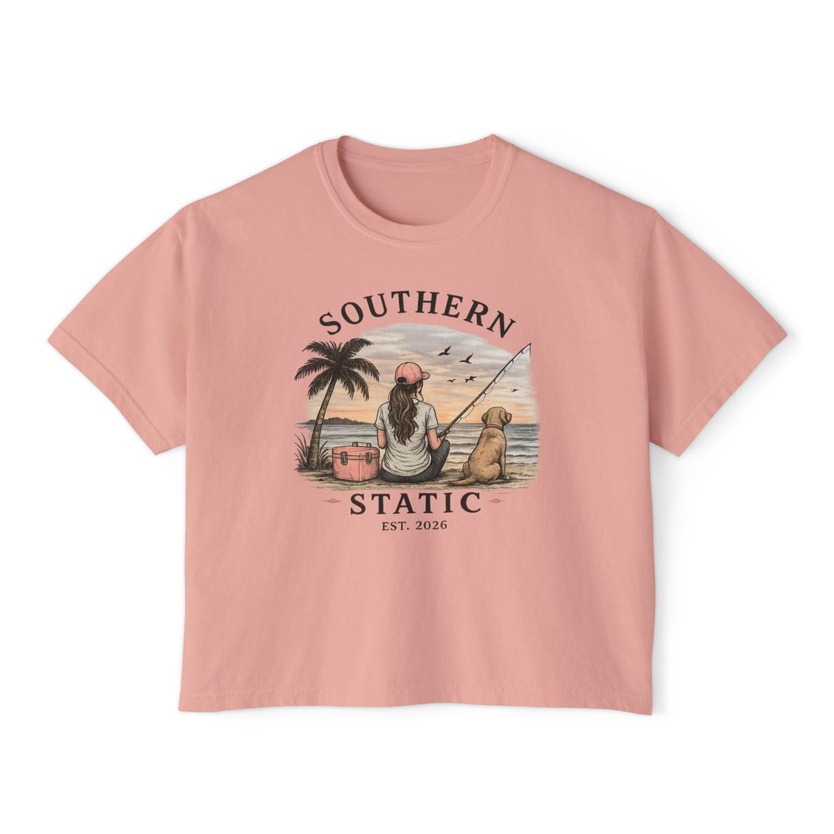 Southern Static Fishing Boxy Tee — Women's Beach Sunset Graphic T-Shirt