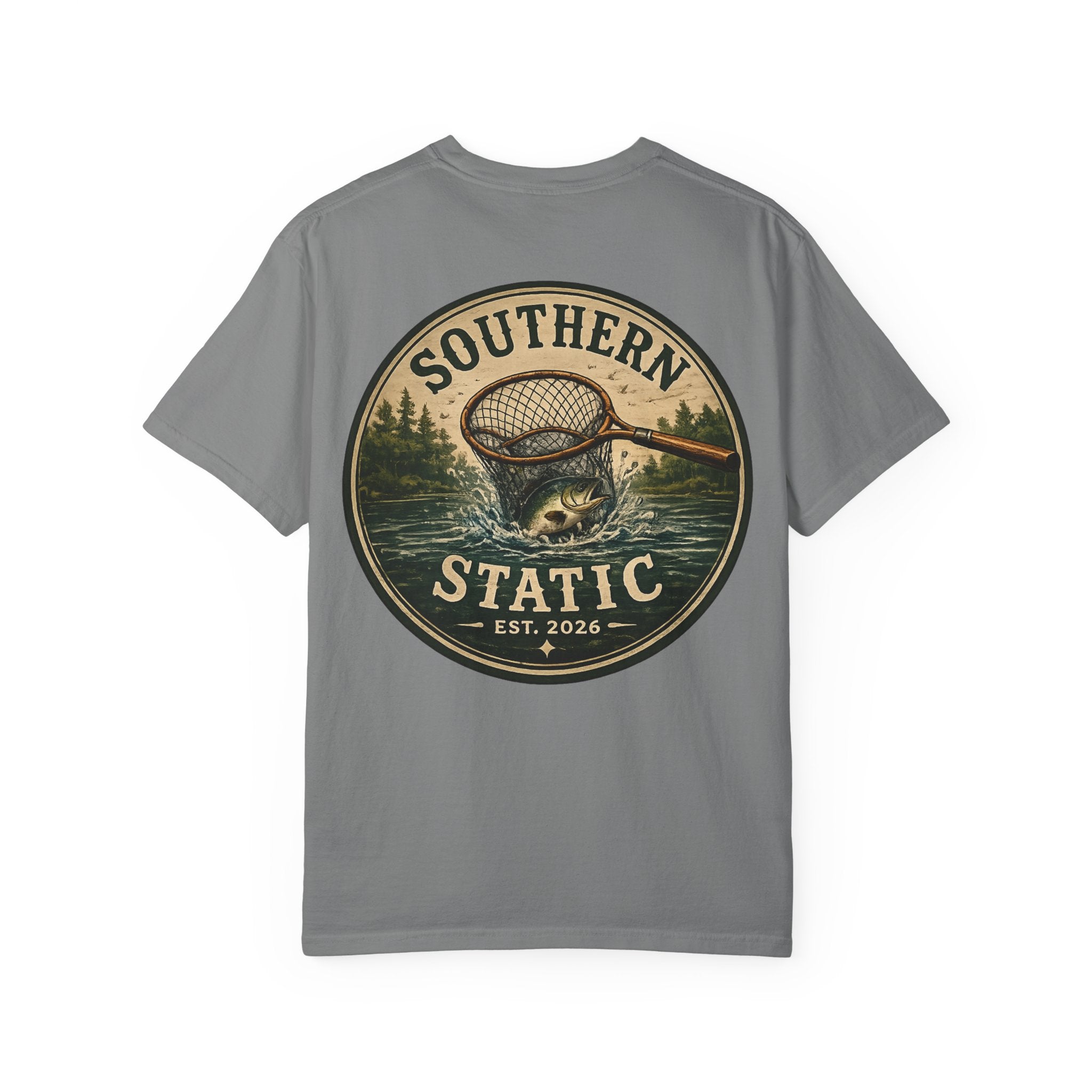 Southern Static Fishing Logo T-Shirt — Vintage Catfish Net Graphic