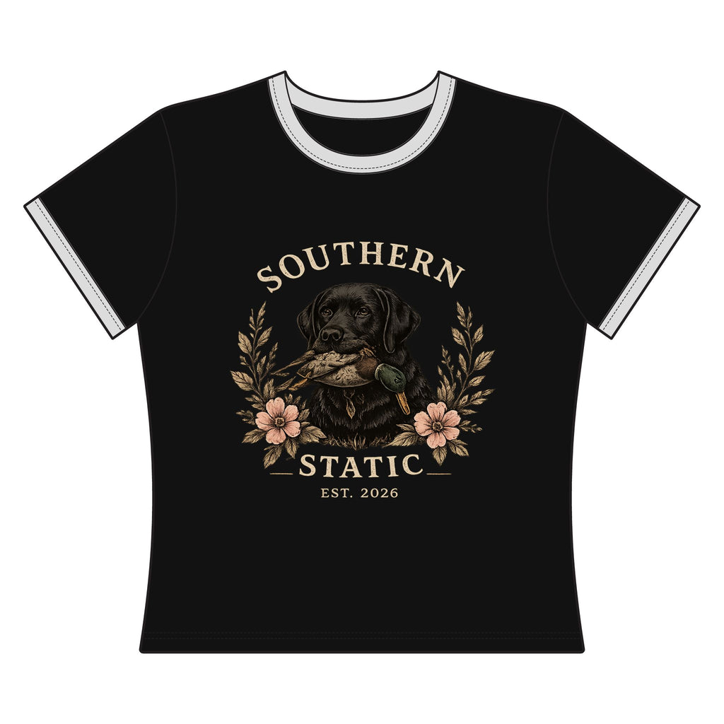 Southern Static Women's Ringer Tee — Retriever Floral Hunting Graphic