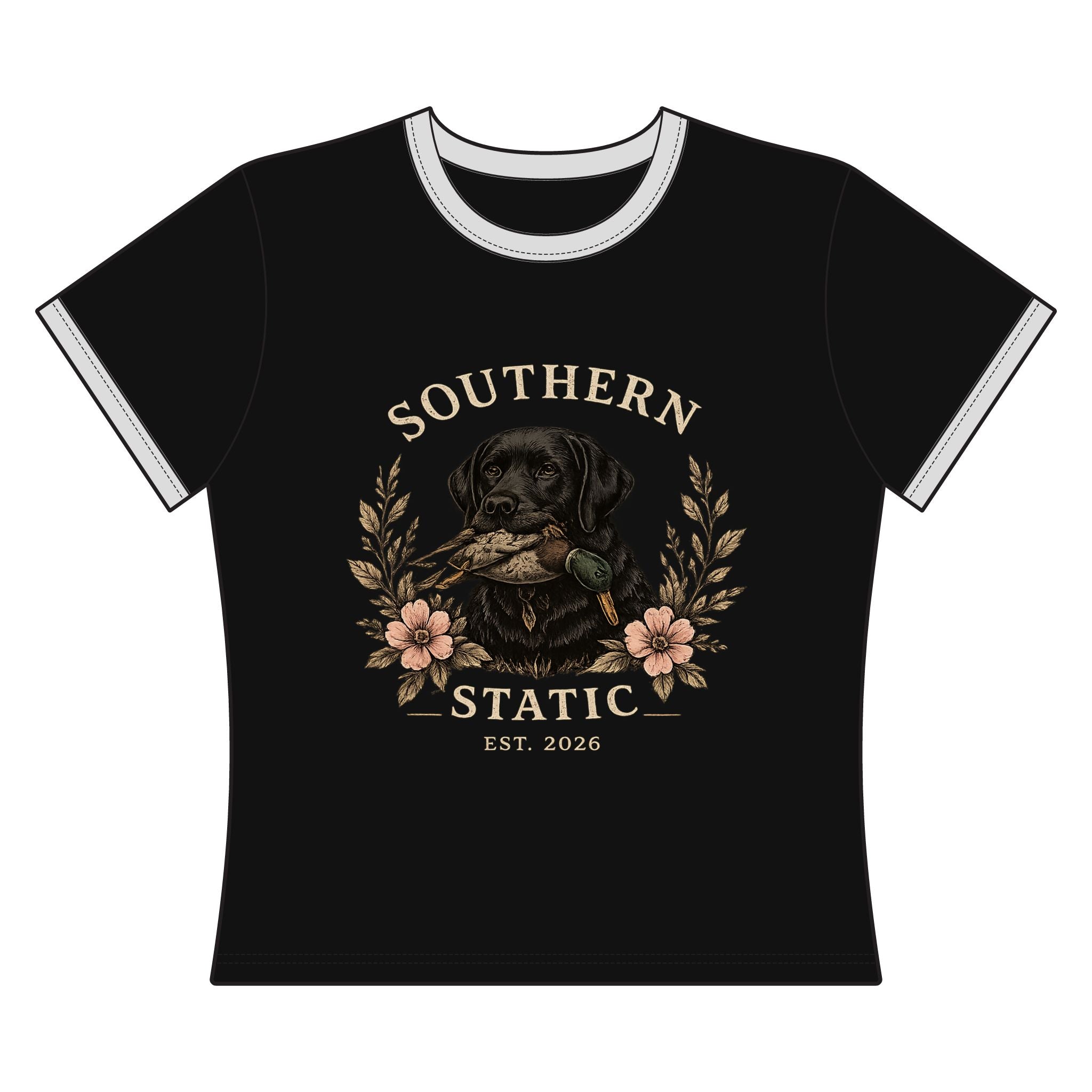 Southern Static Women's Ringer Tee — Retriever Floral Hunting Graphic