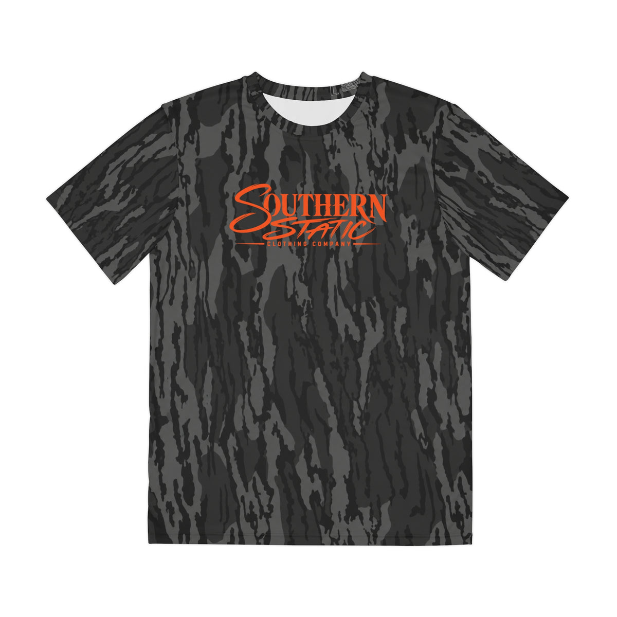 Black Camo Graphic Tee — "Southern Static" Orange Logo Men's Polyester Shirt