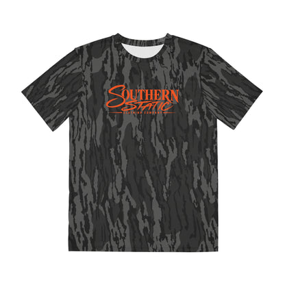 Black Camo Graphic Tee — "Southern Static" Orange Logo Men's Polyester Shirt