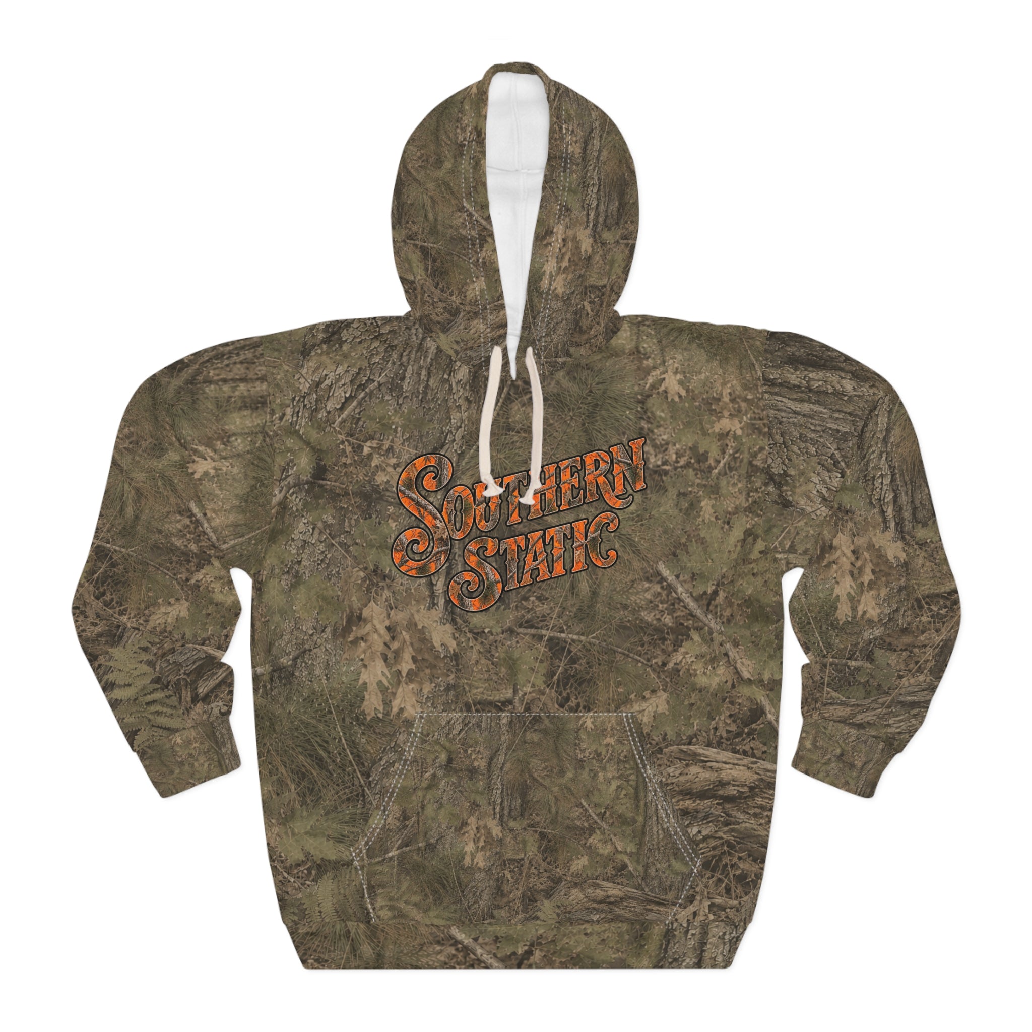 Camo “Southern Static” Pullover Hoodie — Retro Orange logo Hunting Hoodie