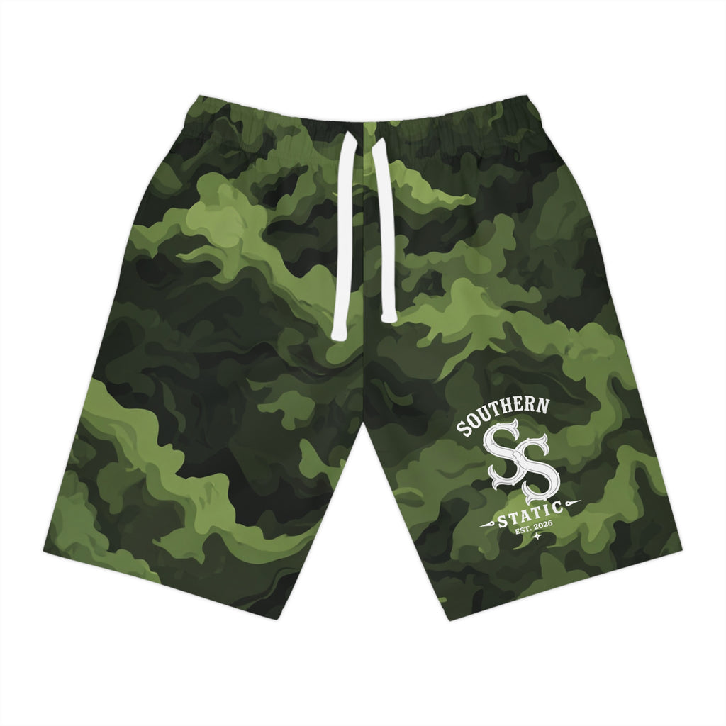 Camo Athletic Long Shorts — Green Urban Camouflage Gym & Casual Swim Trunks