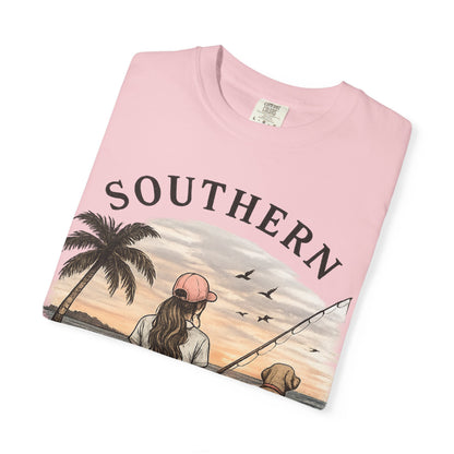 Southern Static Fishing T-Shirt — Woman & Dog Beach Sunset Tee