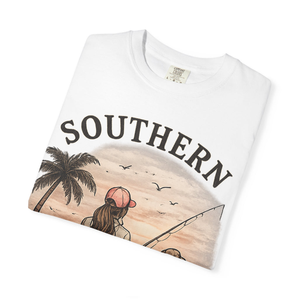 Southern Static Fishing T-Shirt — Woman & Dog Beach Sunset Tee