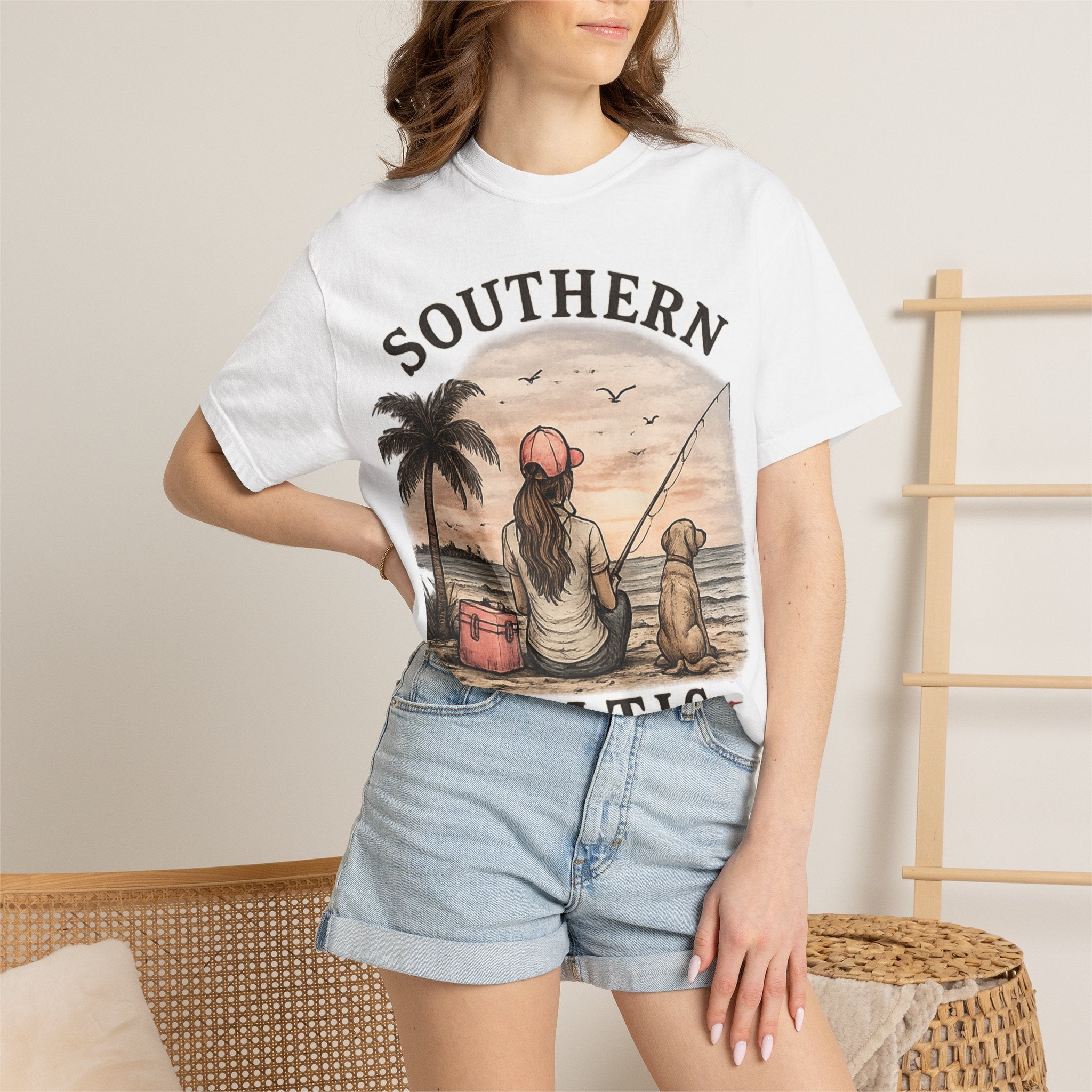 Southern Static Fishing T-Shirt — Woman & Dog Beach Sunset Tee